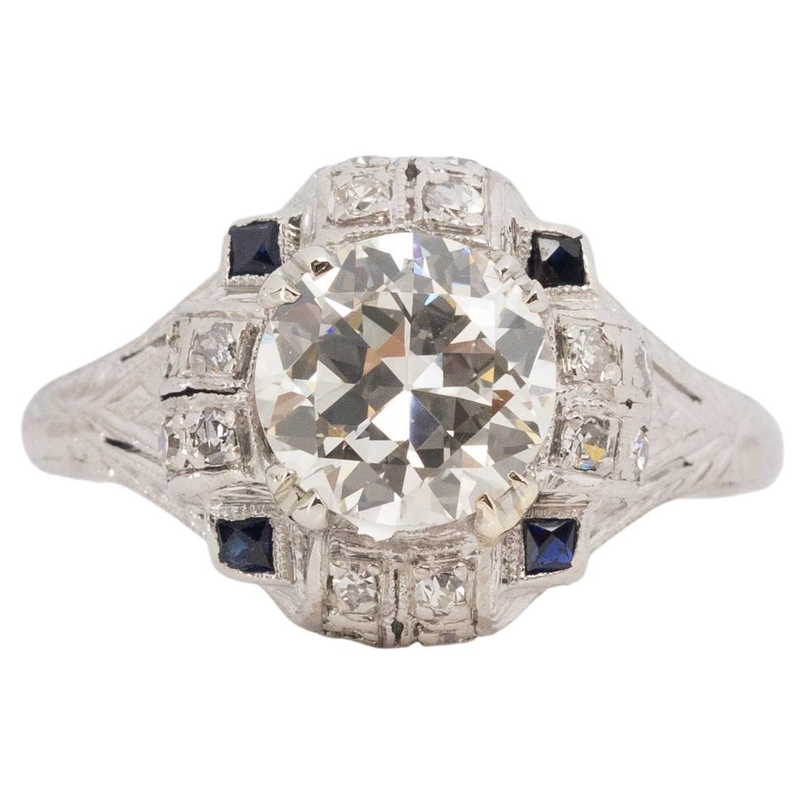 Bague de fiançailles en platine avec diamant Art Déco de 1.57 carat certifié par le GIA