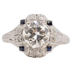 Bague de fiançailles en platine avec diamant Art Déco de 1.57 carat certifié par le GIA