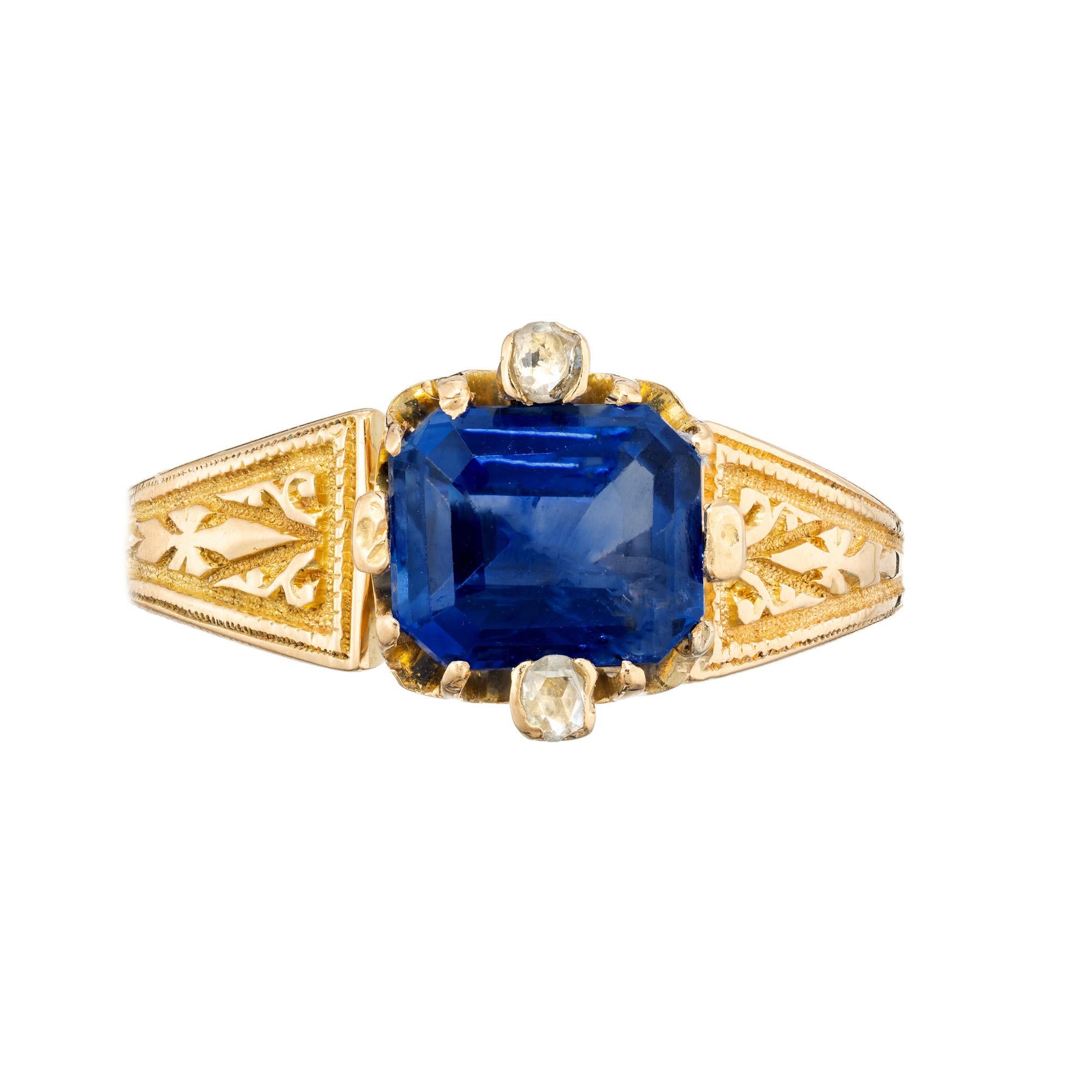 Vintage Victorian Bright blue sapphire and diamond engagement ring, circa 1880. 1.57ct octagonal cut blue sapphire mounted in a 14k yellow gold setting with 2 rose cut diamonds. The GIA has certified the sapphire place of origin is Sri Lanka.