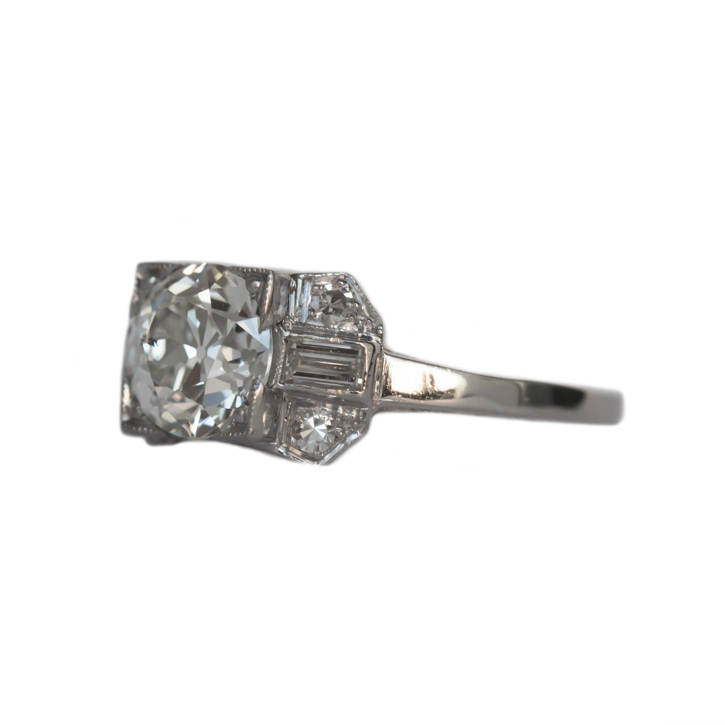 Ring Size: 8
Metal Type: Platinum
Weight: 3.9 grams

Center Diamond Details
GIA CERTIFIED Center Diamond - Certificate # 2205163804
Shape: Circular Brilliant 
Carat Weight: 1.57 carat
Color: I
Clarity: SI1

Side Stone Details: 
Shape: Antique