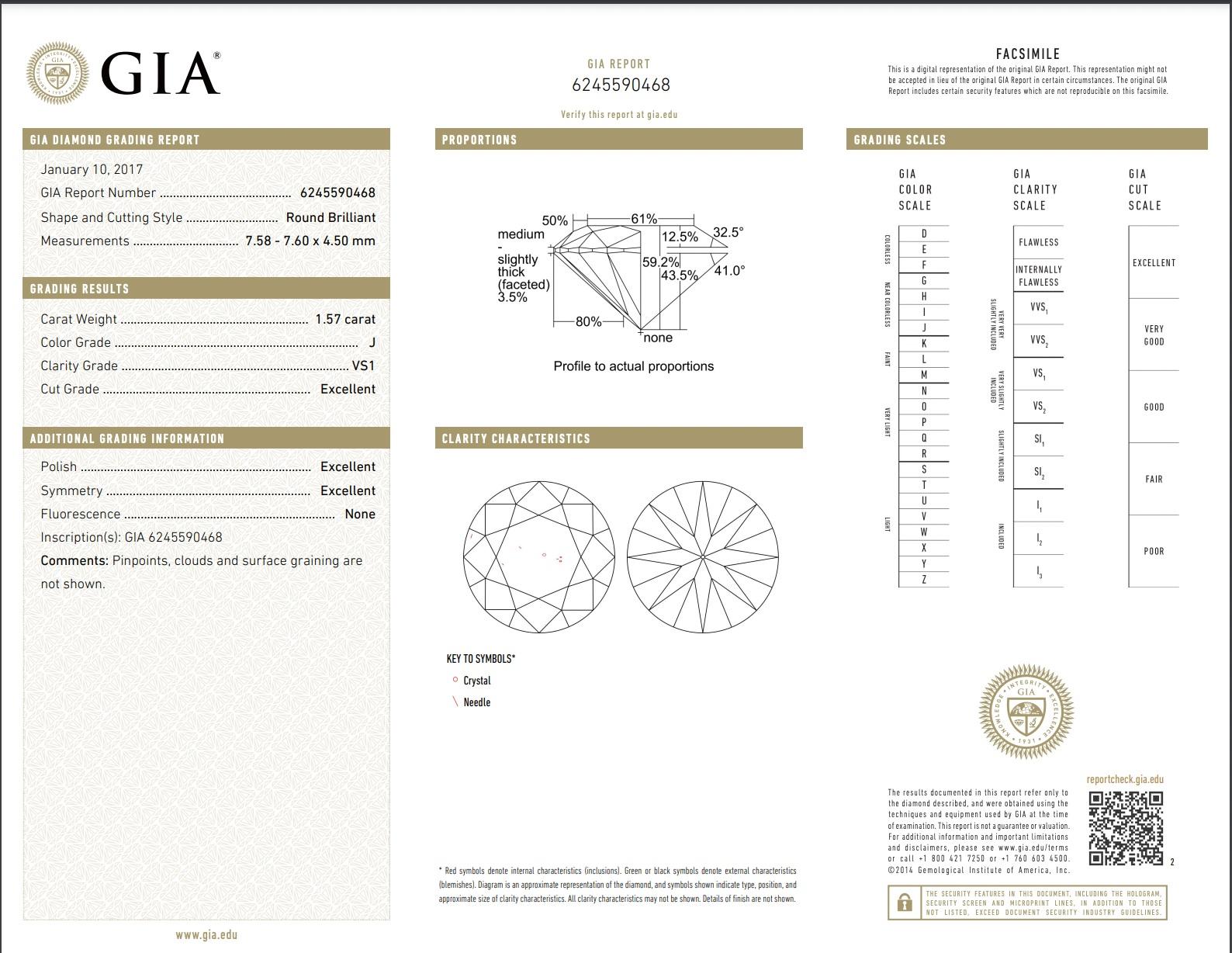 Women's GIA Certified 1.57 Carat J VS1 Round Natural Diamond Solitaire Engagement Ring For Sale