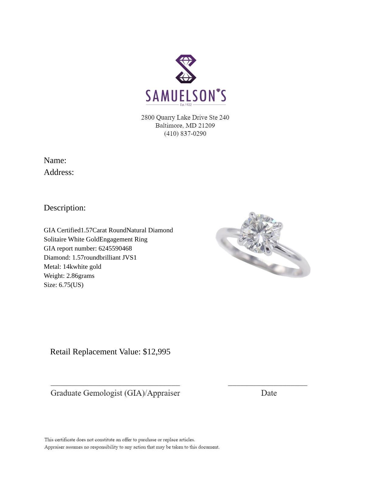 GIA Certified 1.57 Carat J VS1 Round Natural Diamond Solitaire Engagement Ring For Sale 1