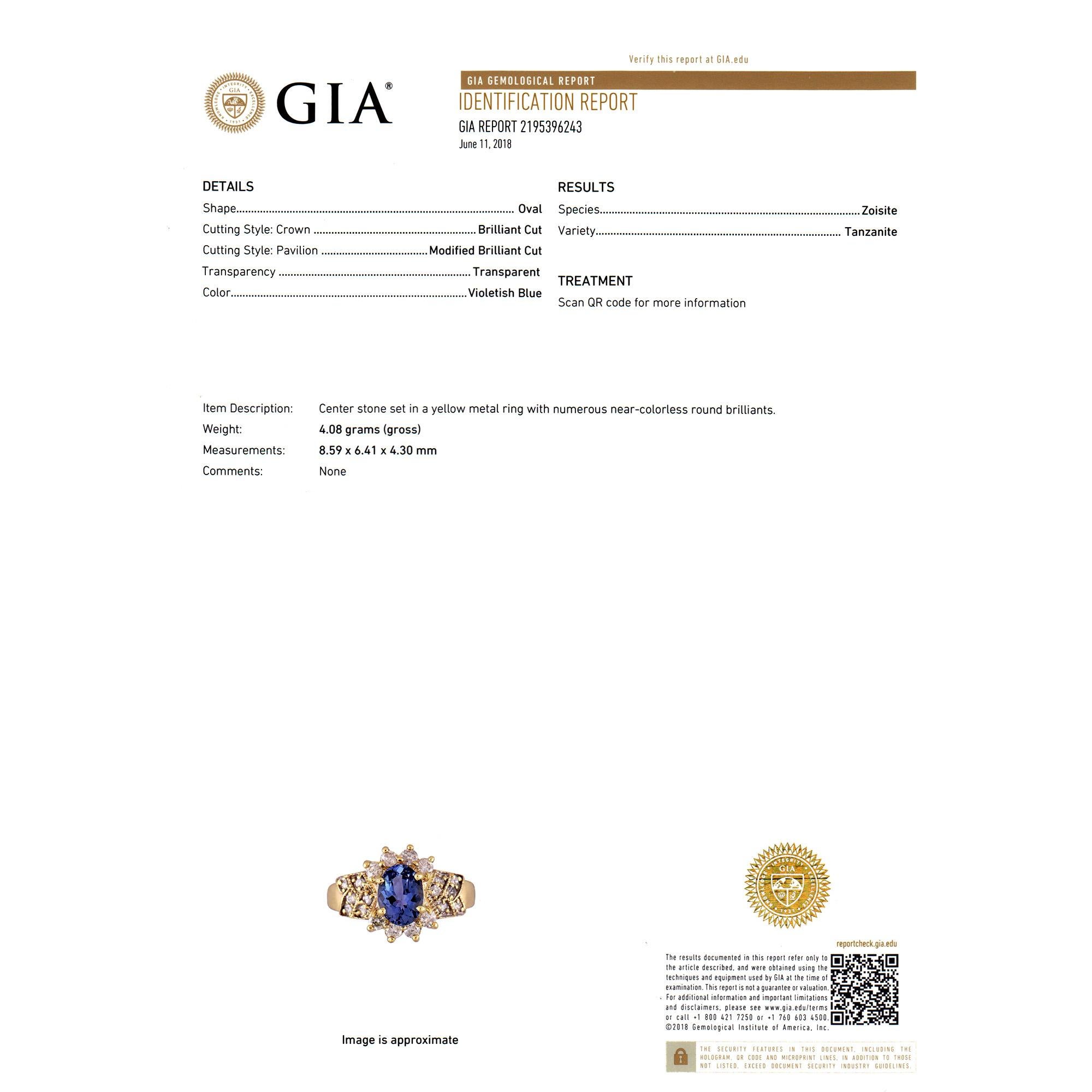 GIA Certified 1.57 Carat Oval Tanzanite Diamond Gold Engagement Ring For Sale 2