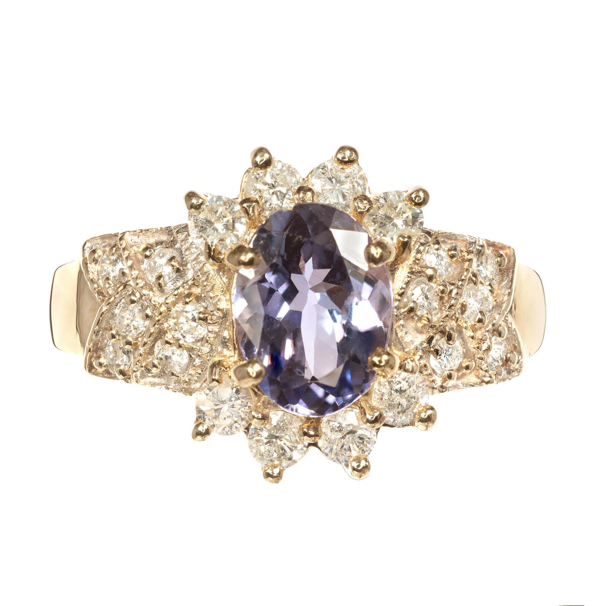 GIA Certified 1.57 Carat Oval Tanzanite Diamond Gold Engagement Ring For Sale