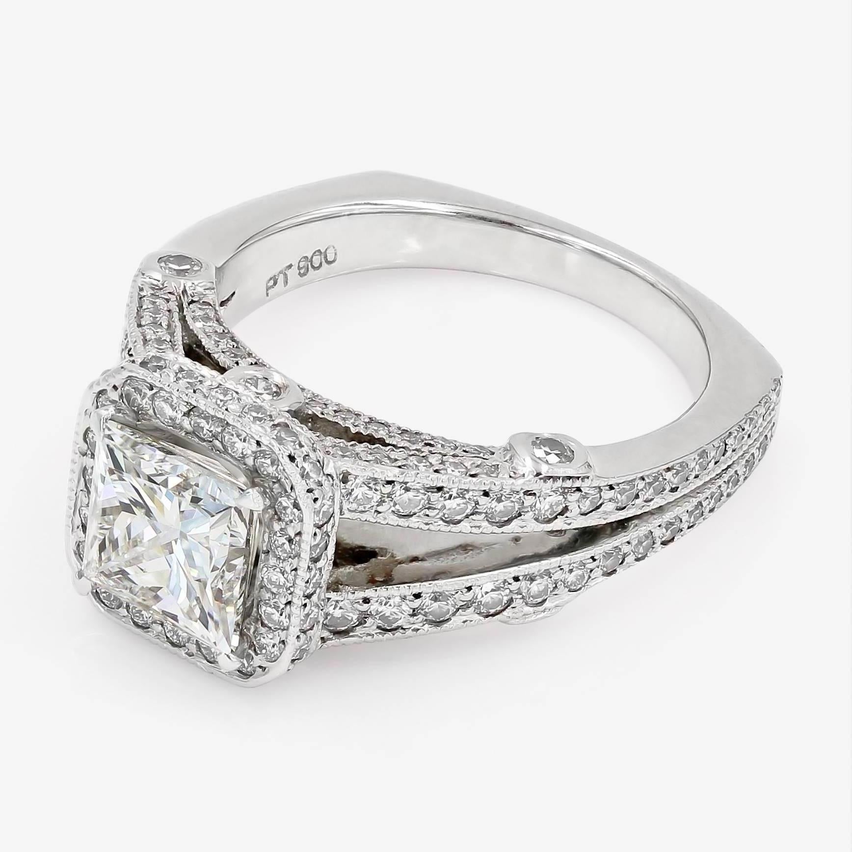 Women's GIA Certified 1.57 Carat Princess Cut Diamond Engagement Ring