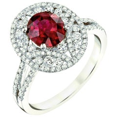 Edwardian Inspired 1.57 Carat GIA Ruby and Diamond Halo White Gold Cocktail Ring