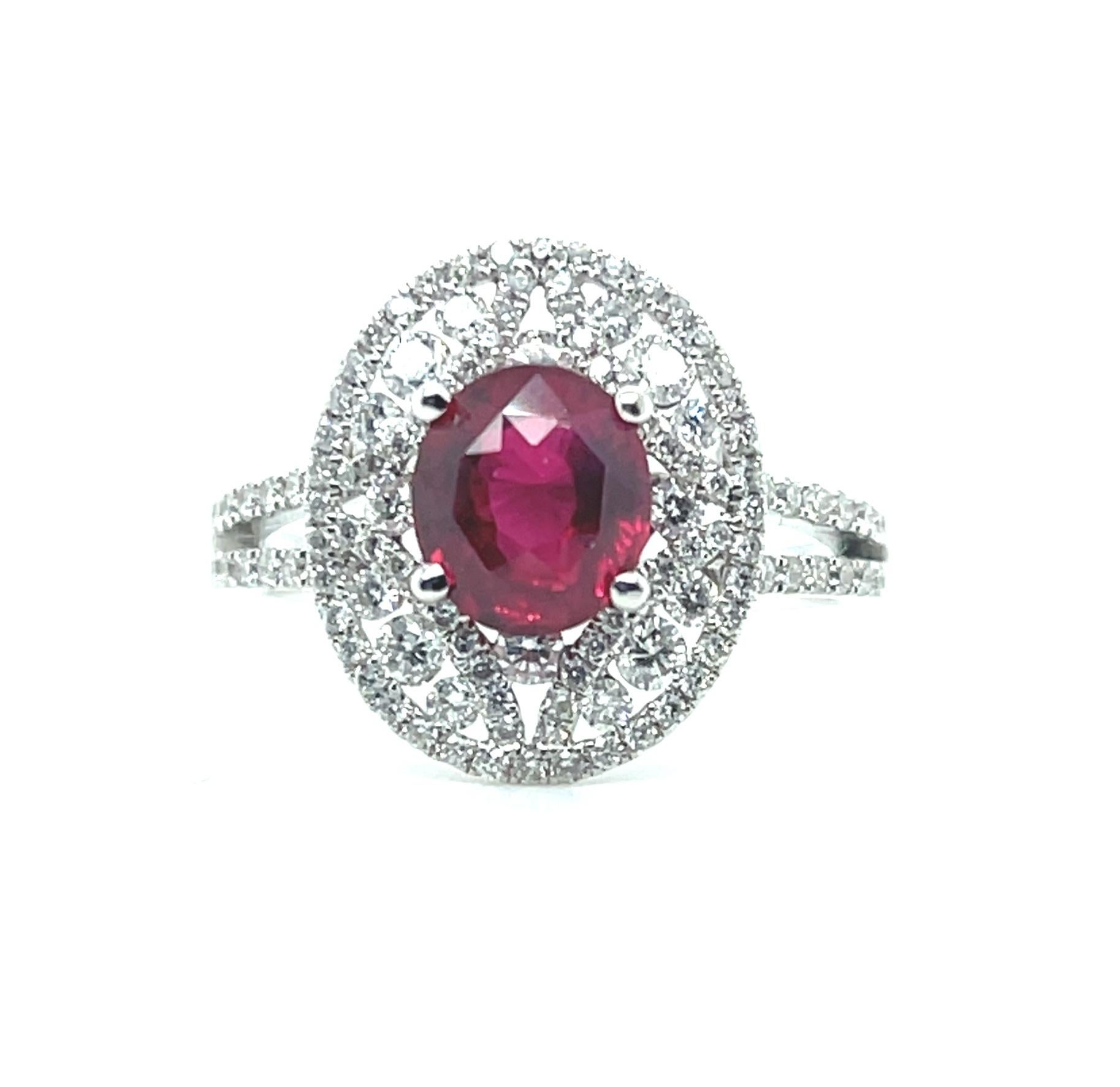 Oval Cut GIA Certified 1.57 Carat Ruby and Diamond Edwardian Inspired Cocktail Ring  For Sale