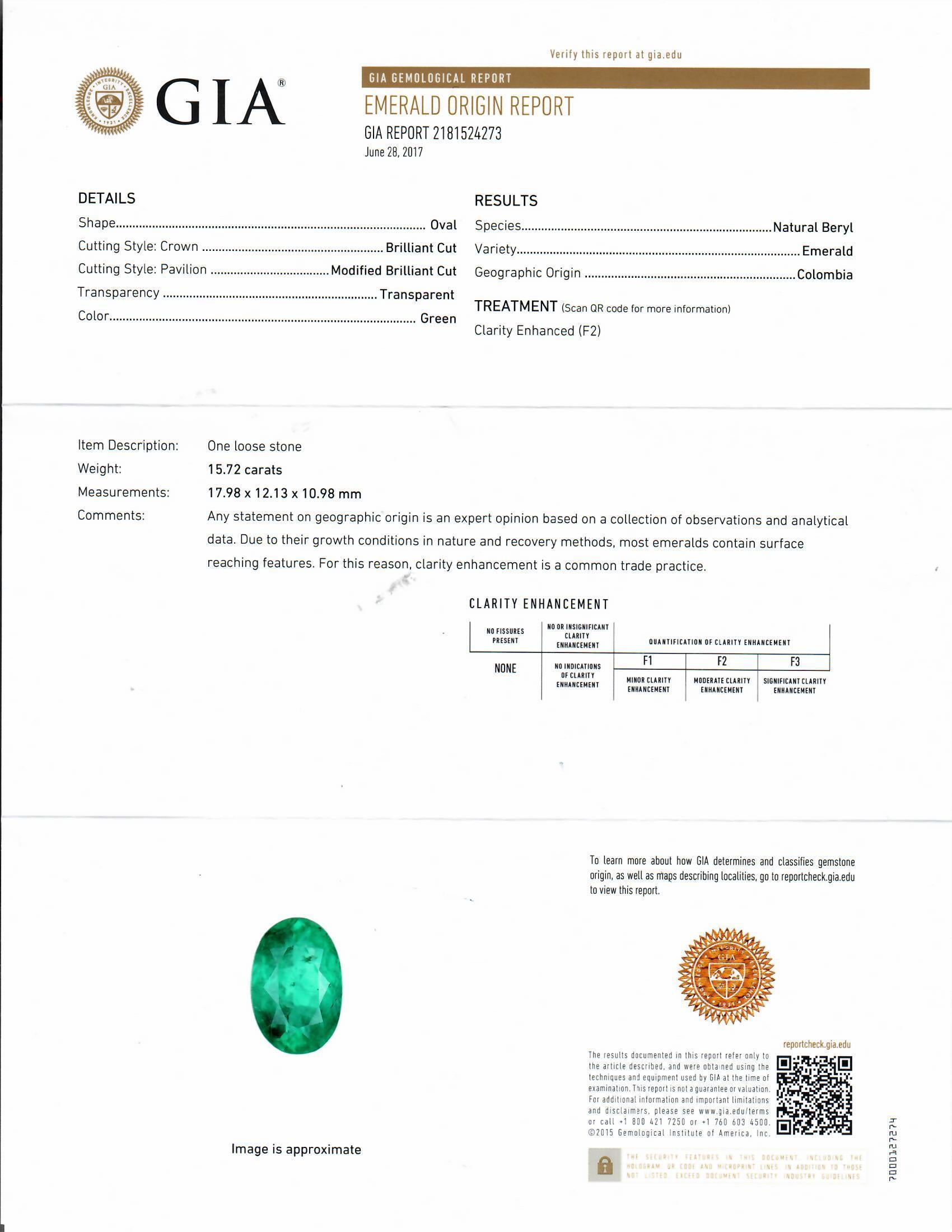 Diana M GIA Certified 15.72 Ct Colombian Green Emerald Ring Set in Platinum In New Condition For Sale In New York, NY