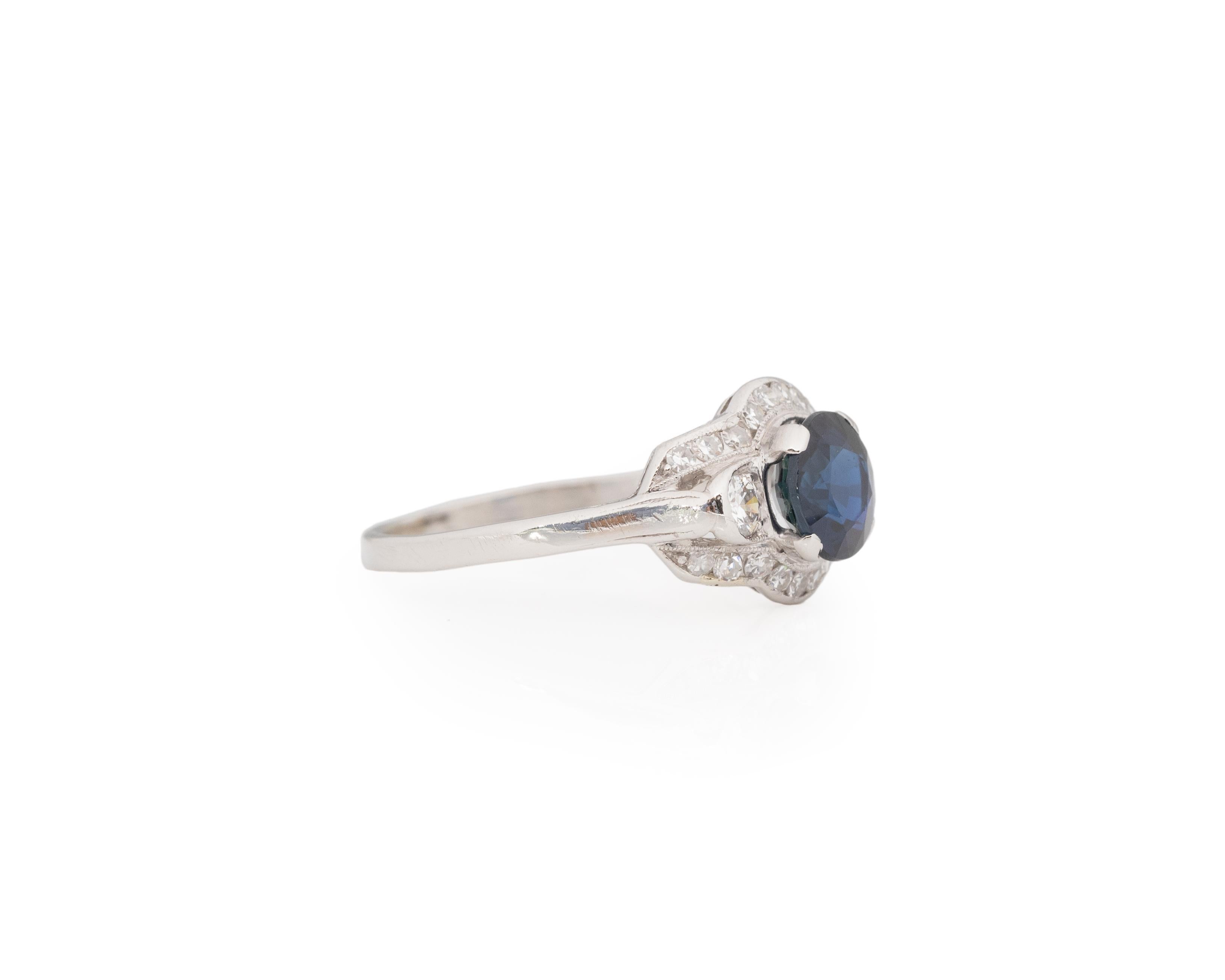 Ring Size: 8.25
Metal Type: Platinum  [Hallmarked, and Tested]
Weight: 4.4 grams

Center Diamond Details:
PGS LAB REPORT #: 44060013
Weight: 1.58 carat 
Cut: Old European brilliant
Color: Vivid Blue
Clarity: SI
Measurements: 6.93mm x 6.81mm x 4.13mm