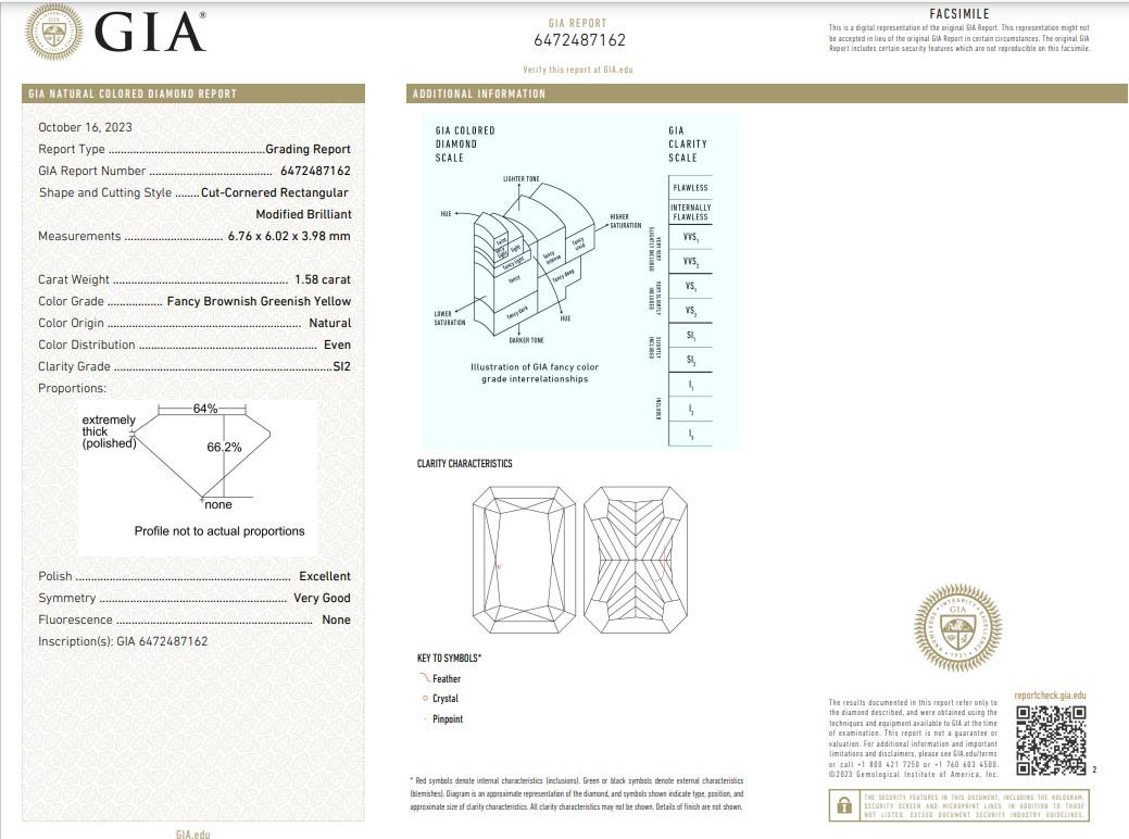 Diamant fantaisie de 1,58 carat de pureté jaune brunâtre vertâtre SI2 certifié par le GIA en vente 1