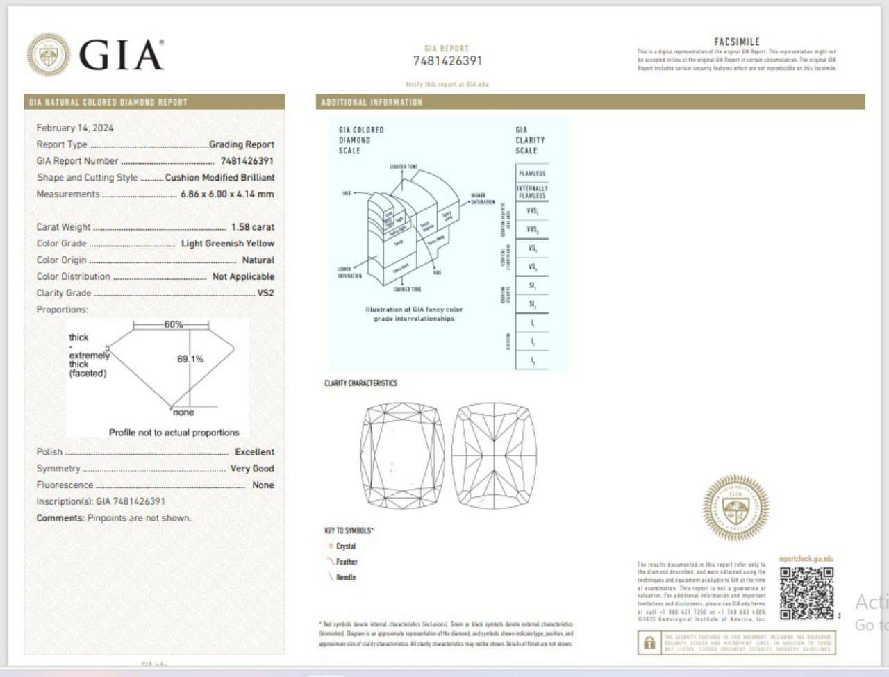GIA Certified 1.58 Carat Light Greenish Yellow VS2 Clarity Diamond For Sale 1