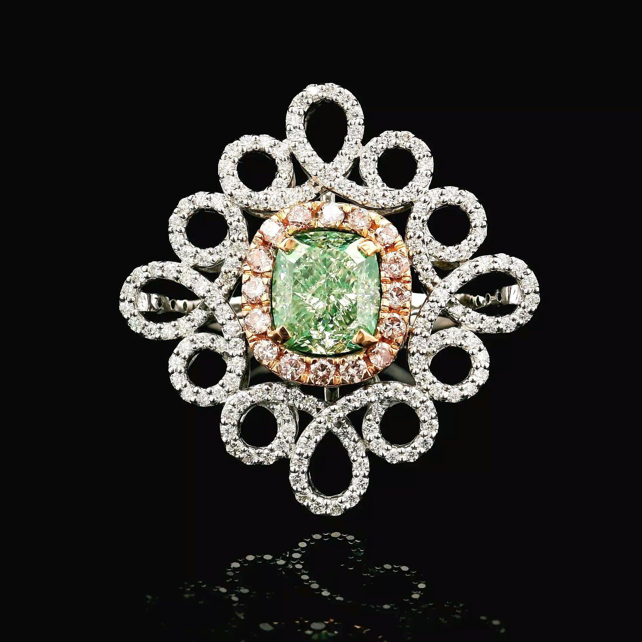 Bague en or blanc 18 carats avec diamants
  
  Couleur de l'or et carat : Or blanc 18kt
  Poids : 7,50 grammes
  
  Ensemble avec...
  Type de pierre : Diamants
  Forme : Coussin
  Carat : 1,58 ct
  Couleur : Jaune verdâtre clair
  Clarté : VS2
  
 