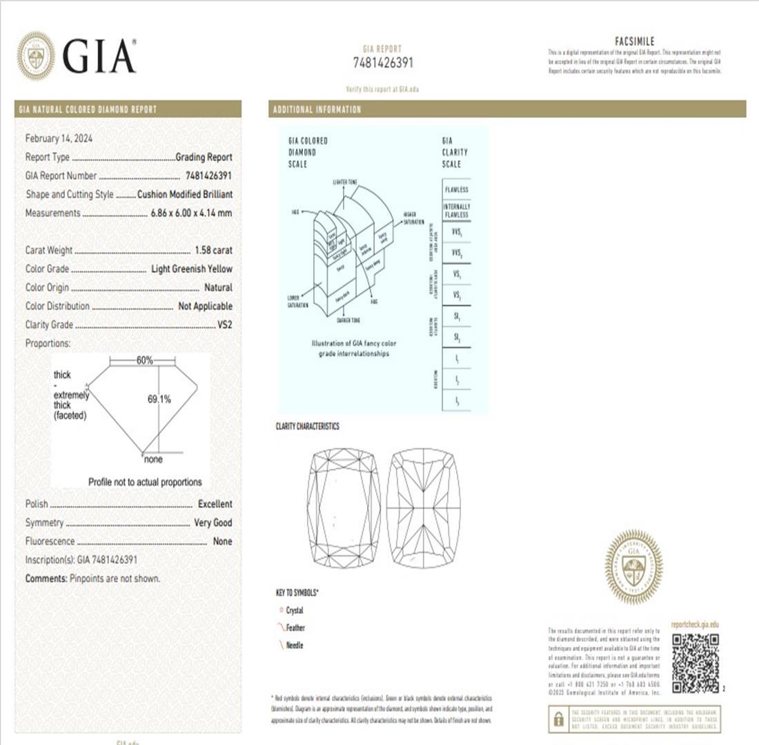 Bague certifiée GIA, de 1,58 carat, de pureté VS2, jaune clair vertâtre en vente 3