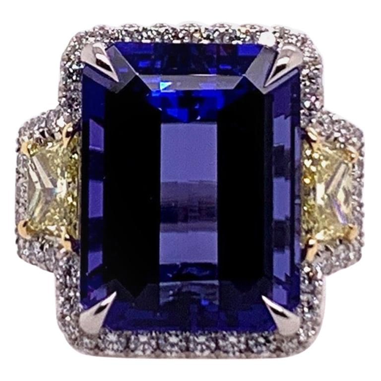 GIA Certified 15.88 Carat Natural Diamond & Tanzanite Gem Platinum Cocktail Ring For Sale