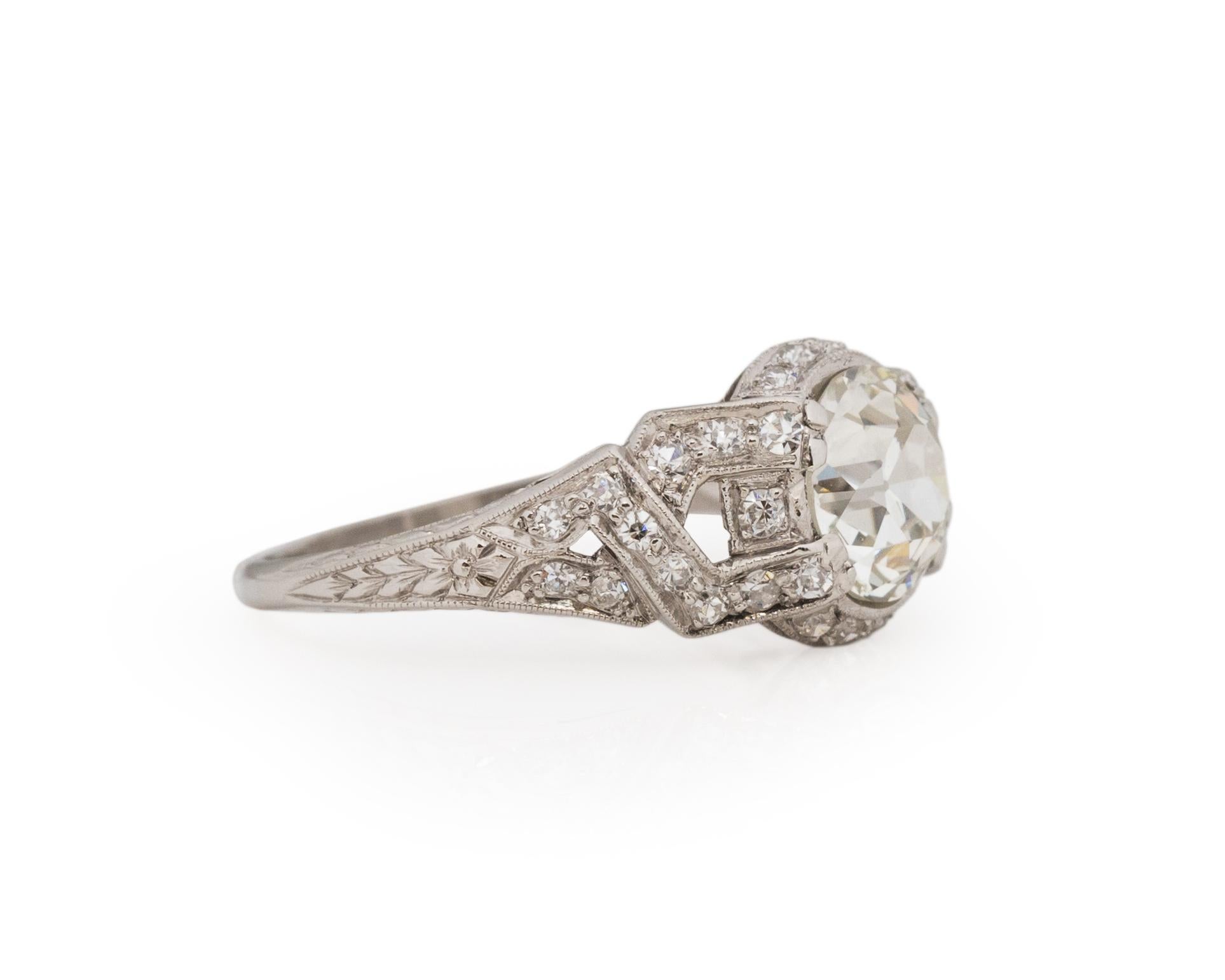 Ring Size: 6.25
Metal Type: Platinum [Hallmarked, and Tested]
Weight: 3.0 grams

Center Diamond Details:
GIA REPORT #: 2225336056
Weight: 1.59ct
Cut: Old European brilliant
Color: K
Clarity: VS1
Measurements: 7.33mm x 7.18 x 4.60mm

Side Stone
