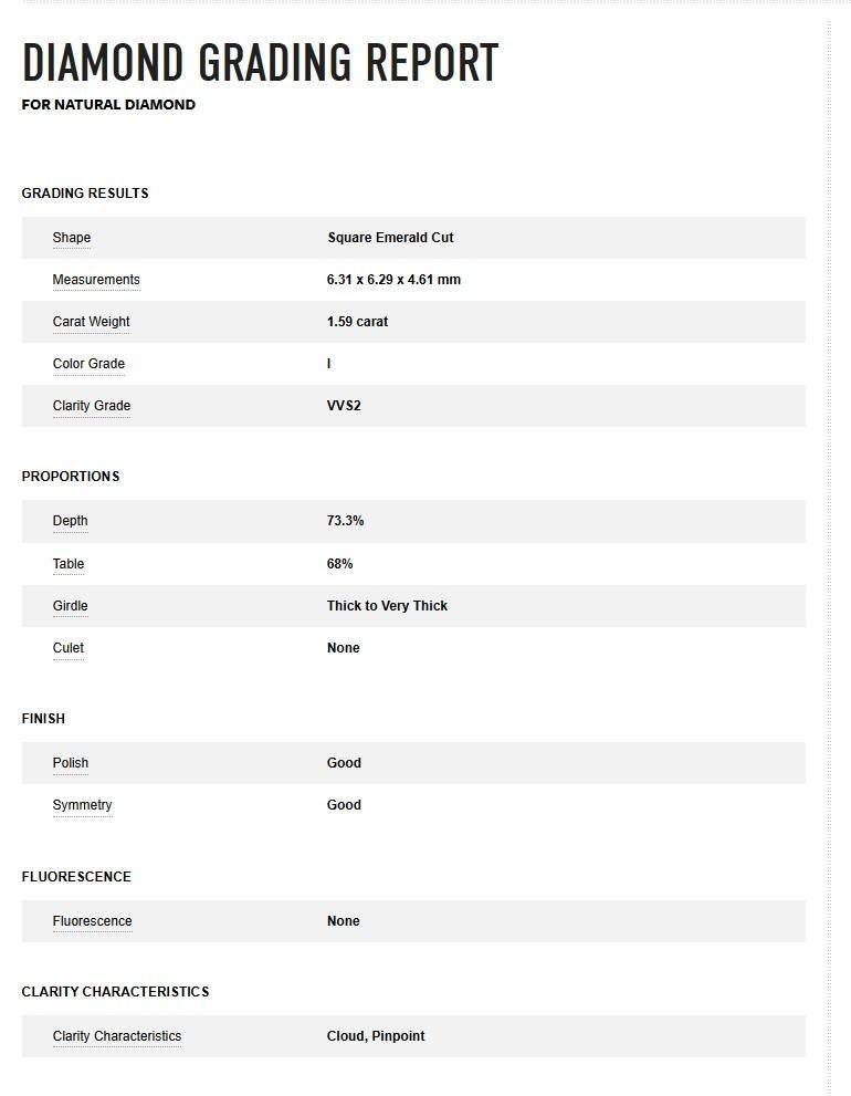 Exquisitamente elaborado en platino, este elegante anillo centra un diamante talla Asscher certificado por el GIA de 1,59 quilates, graduado en color I y claridad VVS2. Rodean la piedra central 84 diamantes redondos talla brillante que suman