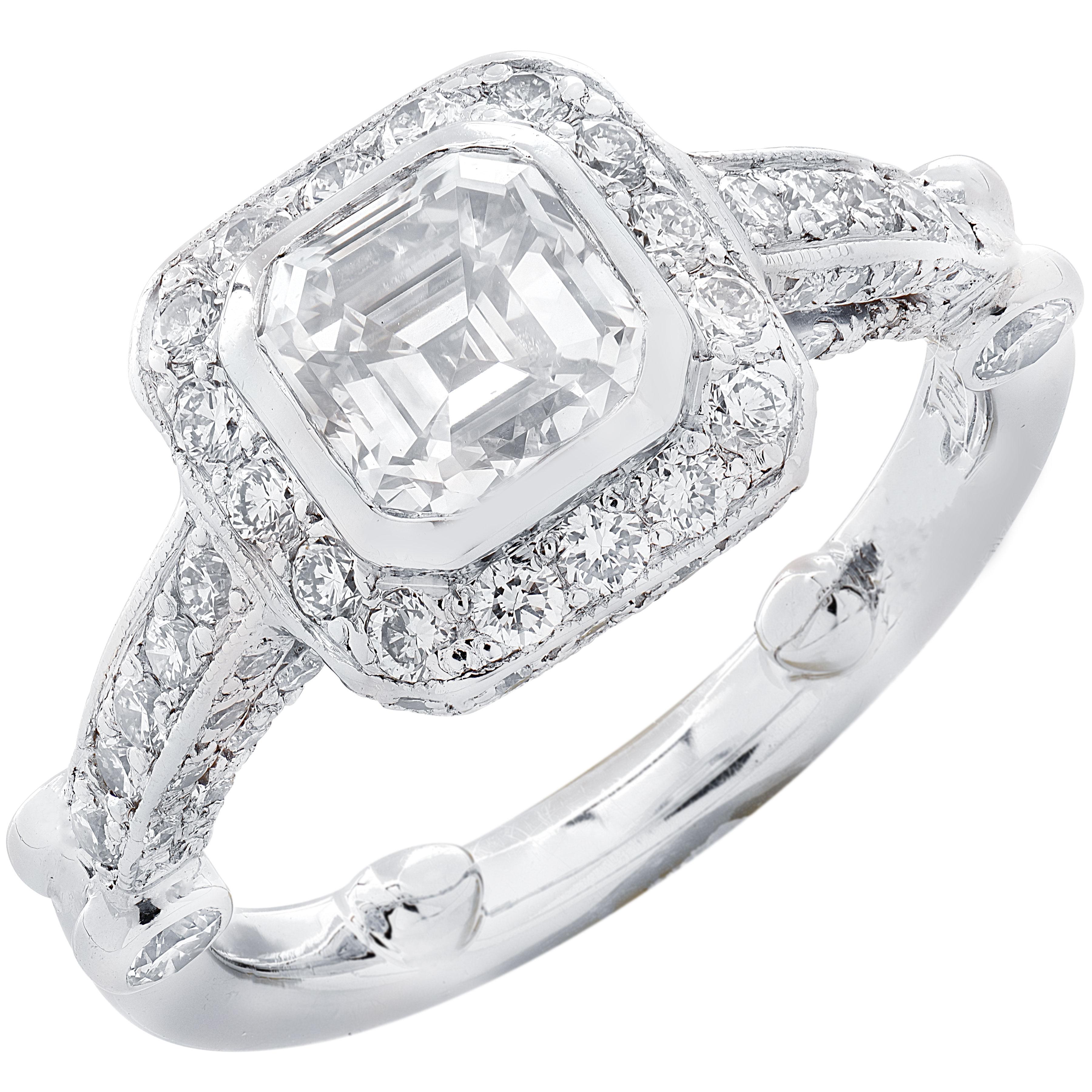 Anillo de compromiso de diamantes de corte Asscher de 1.59 quilates certificado por el GIA Corte Asscher en venta