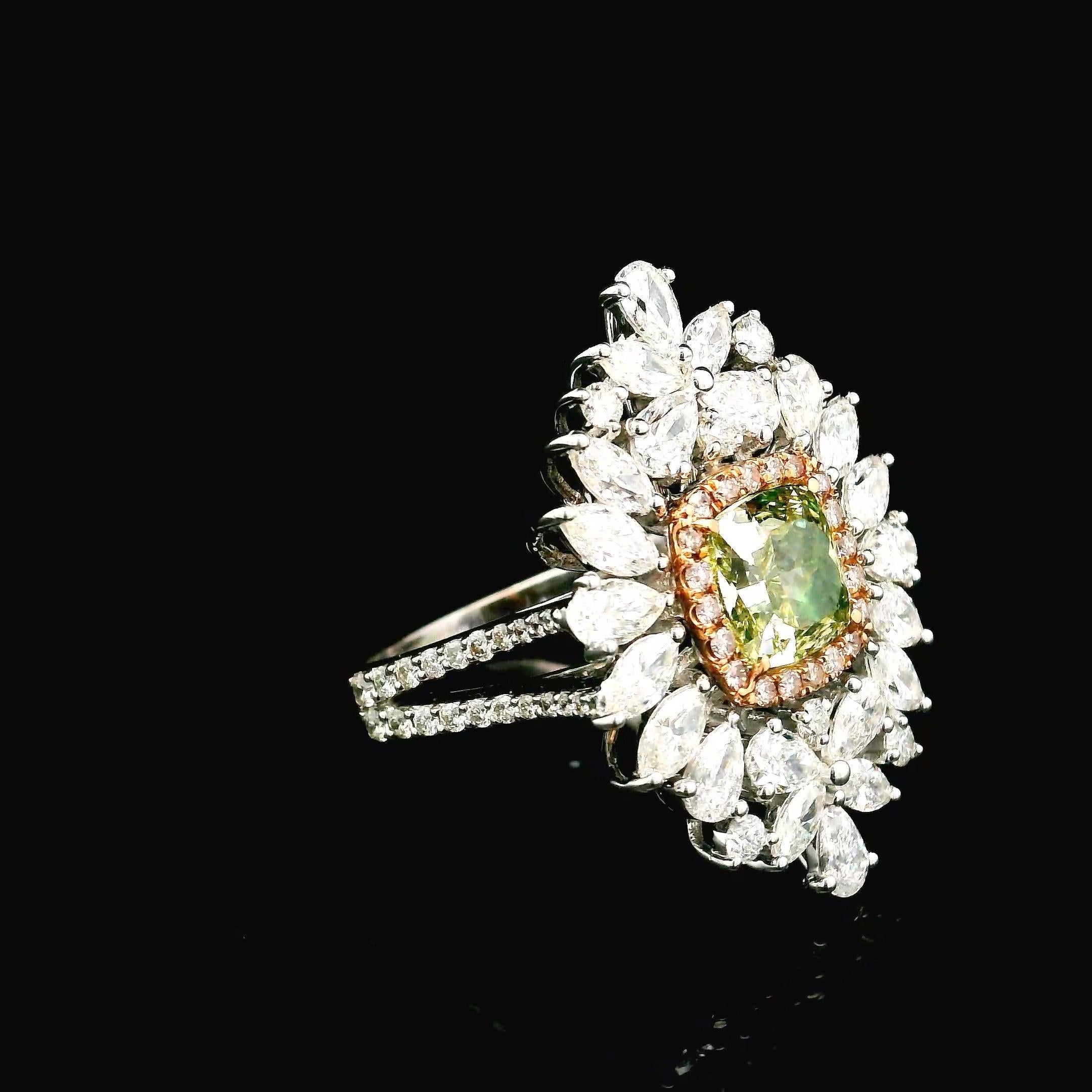 Cushion Cut GIA Certified 1.59 Carat Fancy Brownish Greenish Yellow SI1 Clarity Diamond Ring For Sale