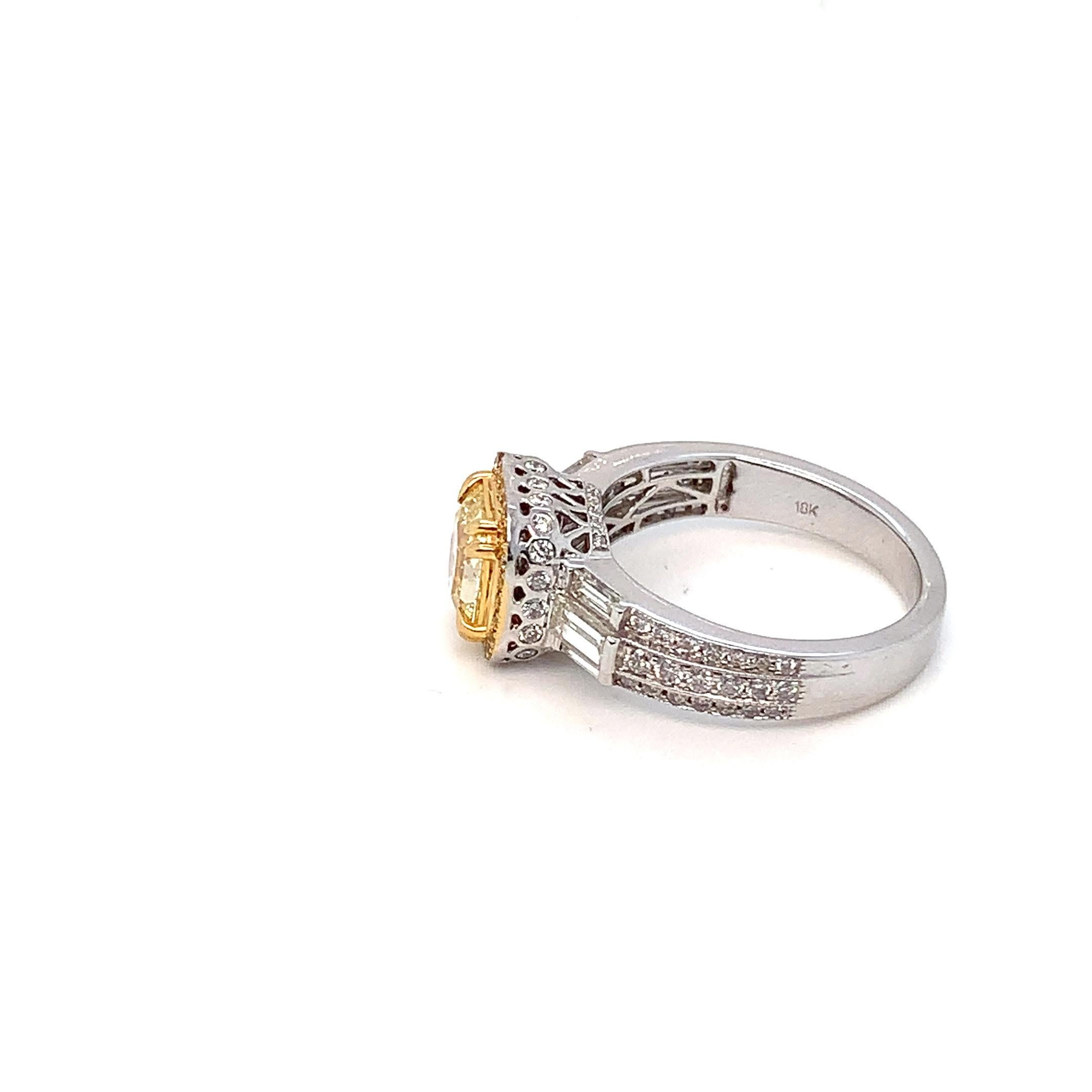 Radiant Cut GIA Certified 1.59 Carat Fancy Yellow Diamond Cocktail Ring For Sale