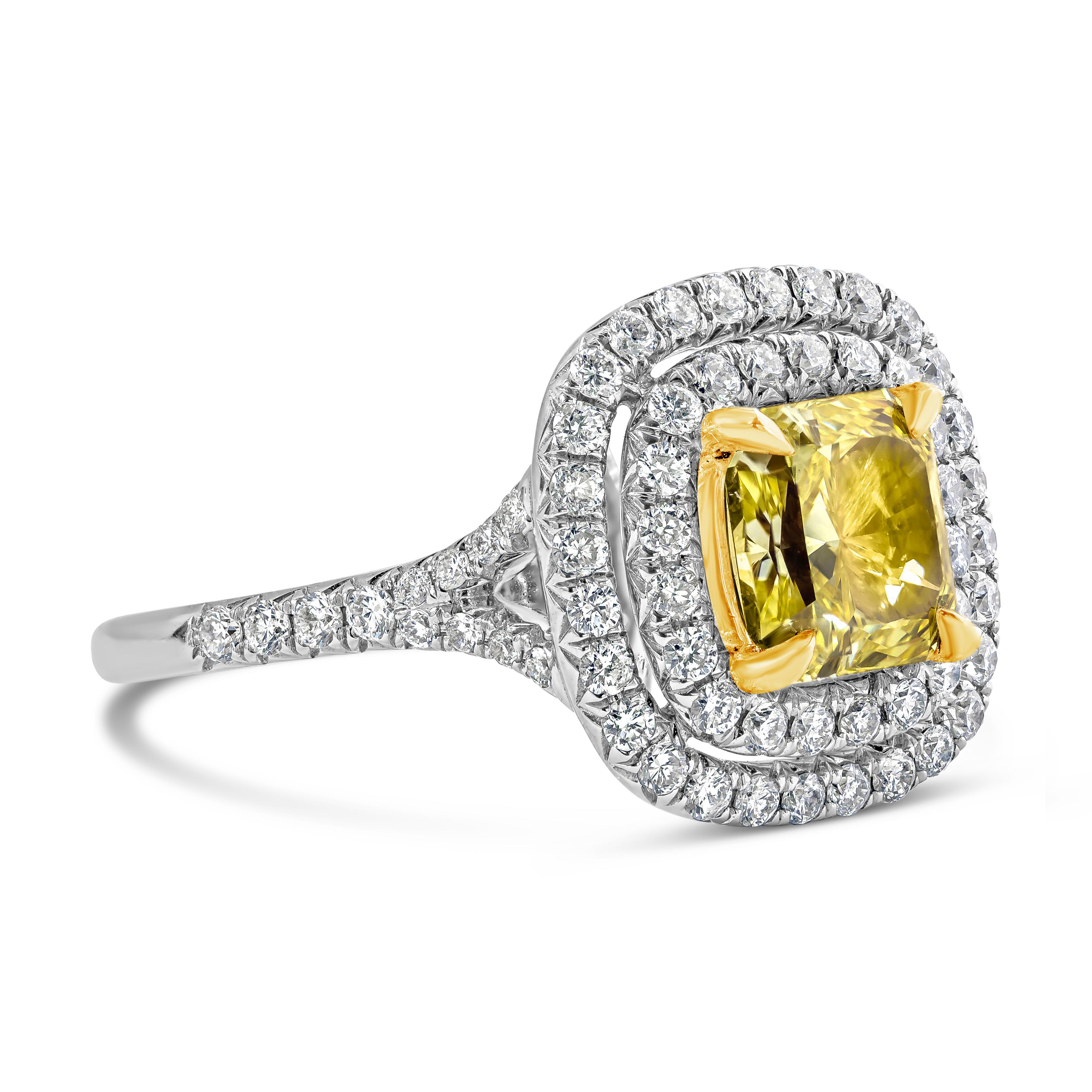 A magnificent piece because of it's natural brilliance and luster. Showcases a 1.59 carat radiant cut yellow diamond that GIA certified as Fancy Intense Yellow color, VS1 clarity. Surrounding the center are 2 rows of sparkling round diamonds in an