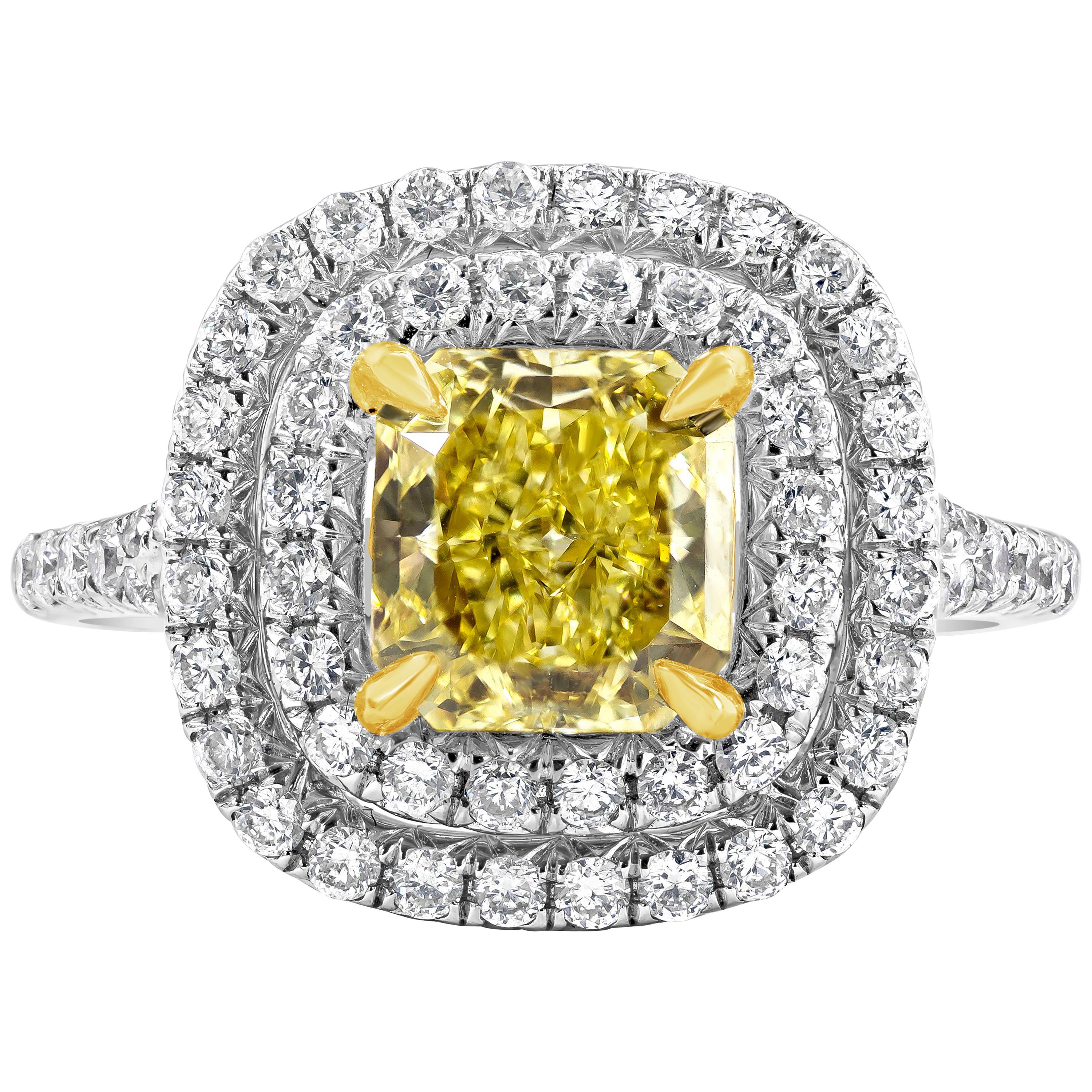 GIA Certified 1.59 Carat Radiant Cut Yellow Diamond Halo Engagement Ring