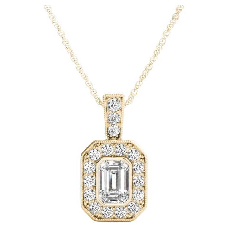 GIA Certified 1.5ct Emerald Cut Diamond Milgrain Halo Pendant Necklace