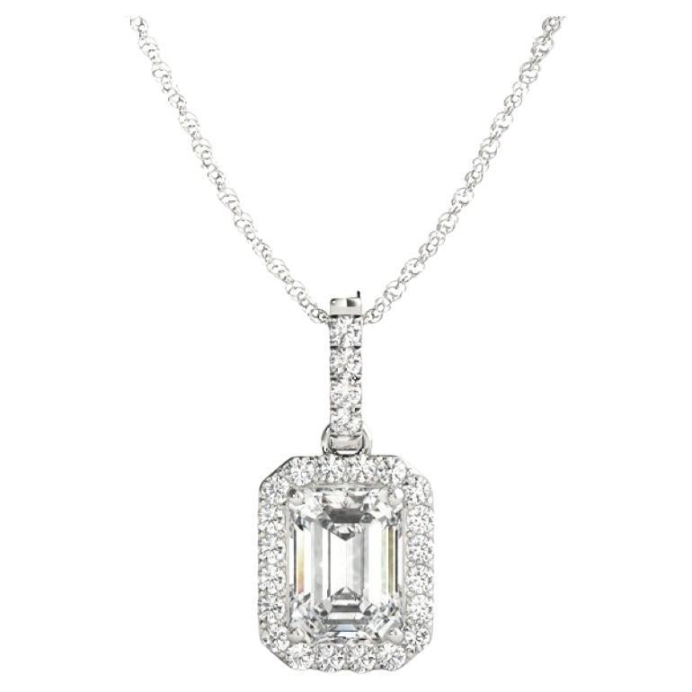GIA Certified 1.5ct Emerald Cut Halo Pendant Necklace in White Gold For Sale