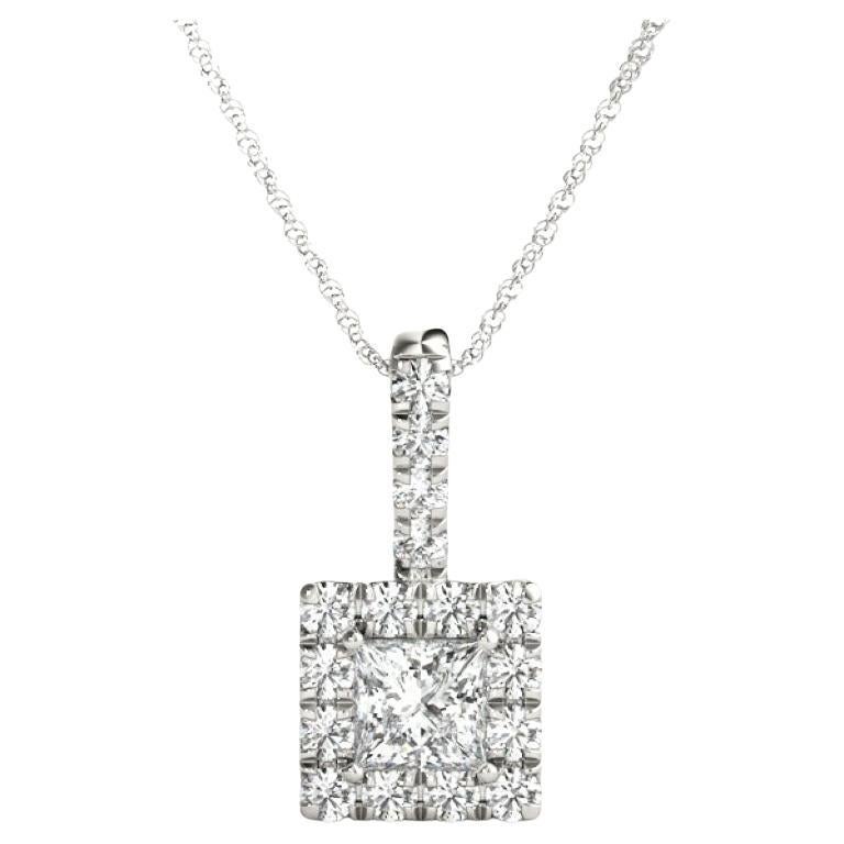 GIA Certified 1.5ct Princess Diamond I VS1 Square Halo Gold Pendant Necklace