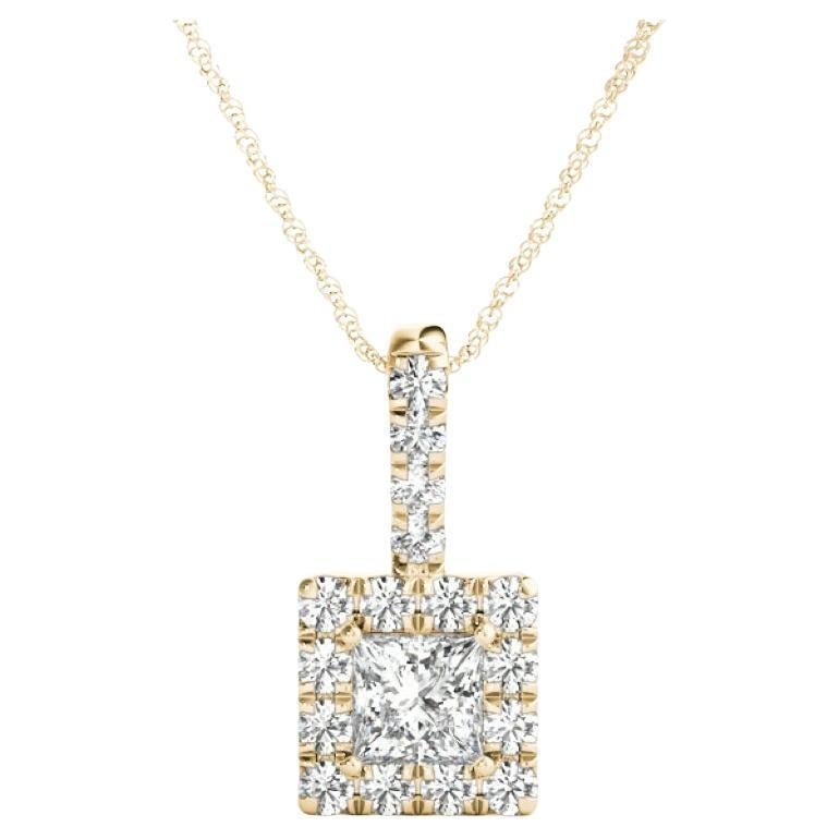 GIA Certified 1.5ct Princess Diamond Square Halo Gold Pendant Necklace