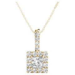 GIA Certified 1.5ct Princess Diamond Square Halo Gold Pendant Necklace