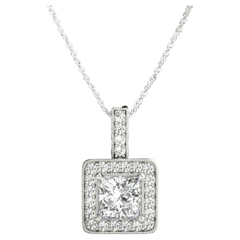 GIA Certified 1.5ct Princess Diamond Square Halo Gold Pendant Necklace