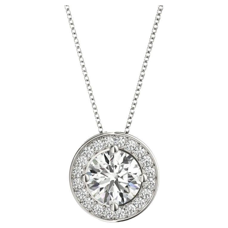 GIA Certified 1.5ct Round Diamond Bezel Halo Pendant Necklace in White Gold