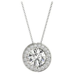 GIA Certified 1.5ct Round Diamond Bezel Halo Pendant Necklace in White Gold