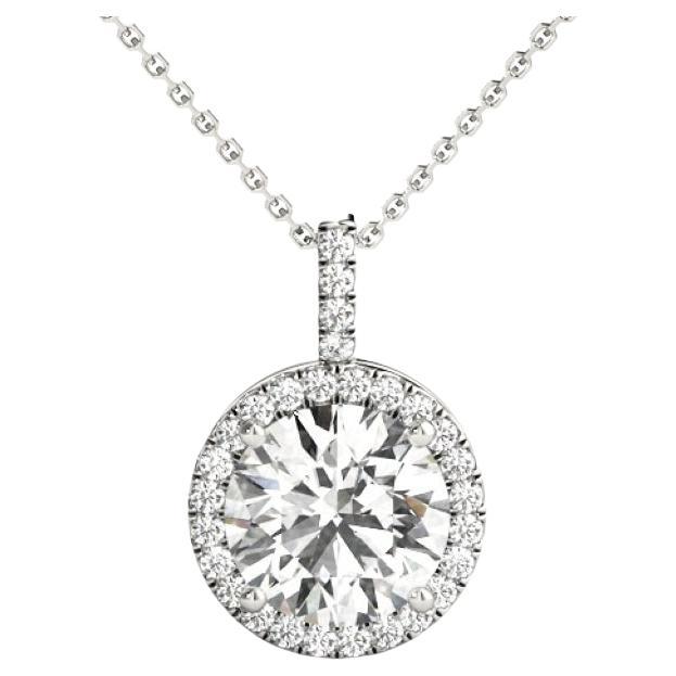 GIA Certified 1.5ct Round Diamond Classic Halo Pendant Necklace in White Gold