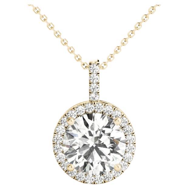 GIA Certified 1.5ct Round Diamond Classic Halo Pendant Necklace in Yellow Gold