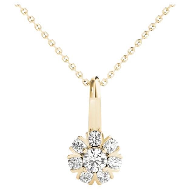 GIA Certified 1.5ct Round Diamond Daisy Halo Yellow Gold Pendant Necklace