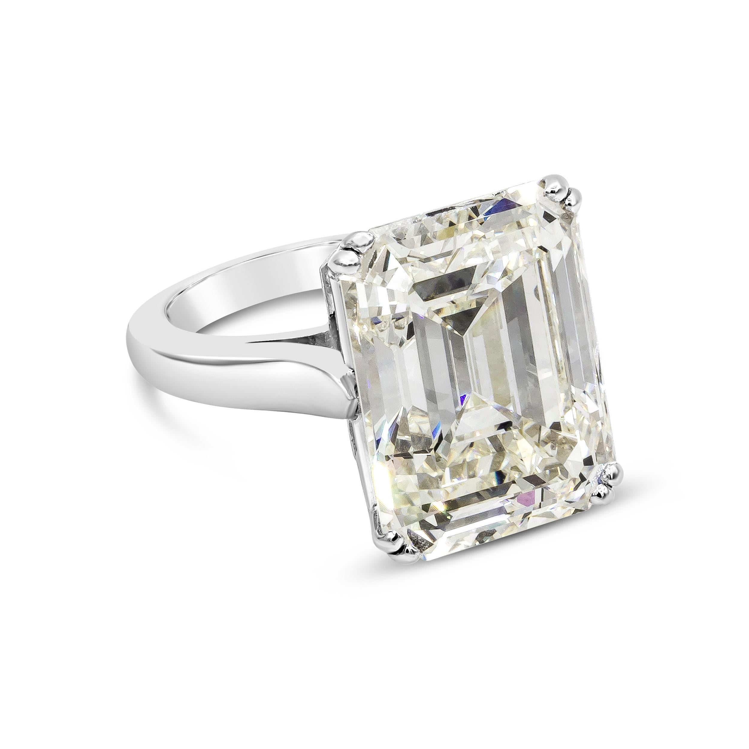An elegant solitaire engagement ring, showcasing a large 16.00 carats emerald cut diamond certified by GIA as K color and VS2 clarity, set on an eight prong setting. Finely made with a platinum mounting. Size 6 US, resizable upon request. 

Roman