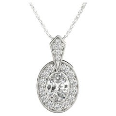 GIA Certified 1.6 Carat Oval Diamond Milgrain Halo Gold Pendant Necklace