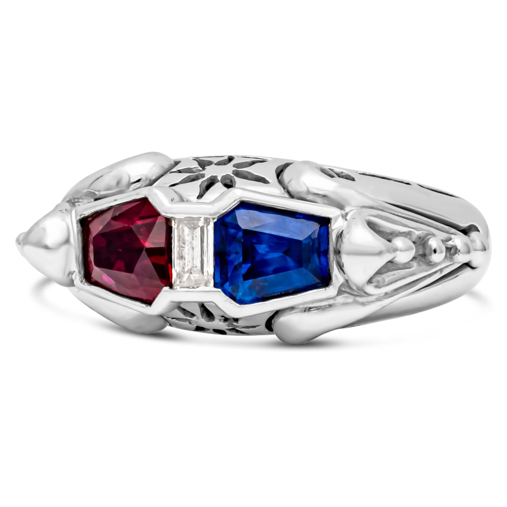 This beautiful vintage style engagement ring showcasing two GIA certified trapezoid cut Burmese ruby and natural 
no-heat Sri-Lanka blue sapphire weighing 0.80 carats approximately, set in an intricate design platinum mounting made from old world