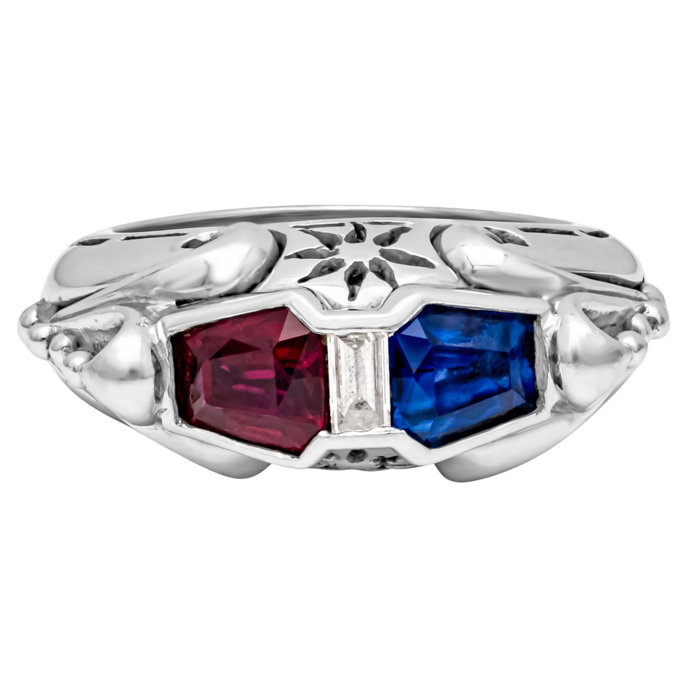GIA Certified 1.6 Carats Total Trapezoid Cut Ruby & Sri Lanka Blue Sapphire Ring For Sale