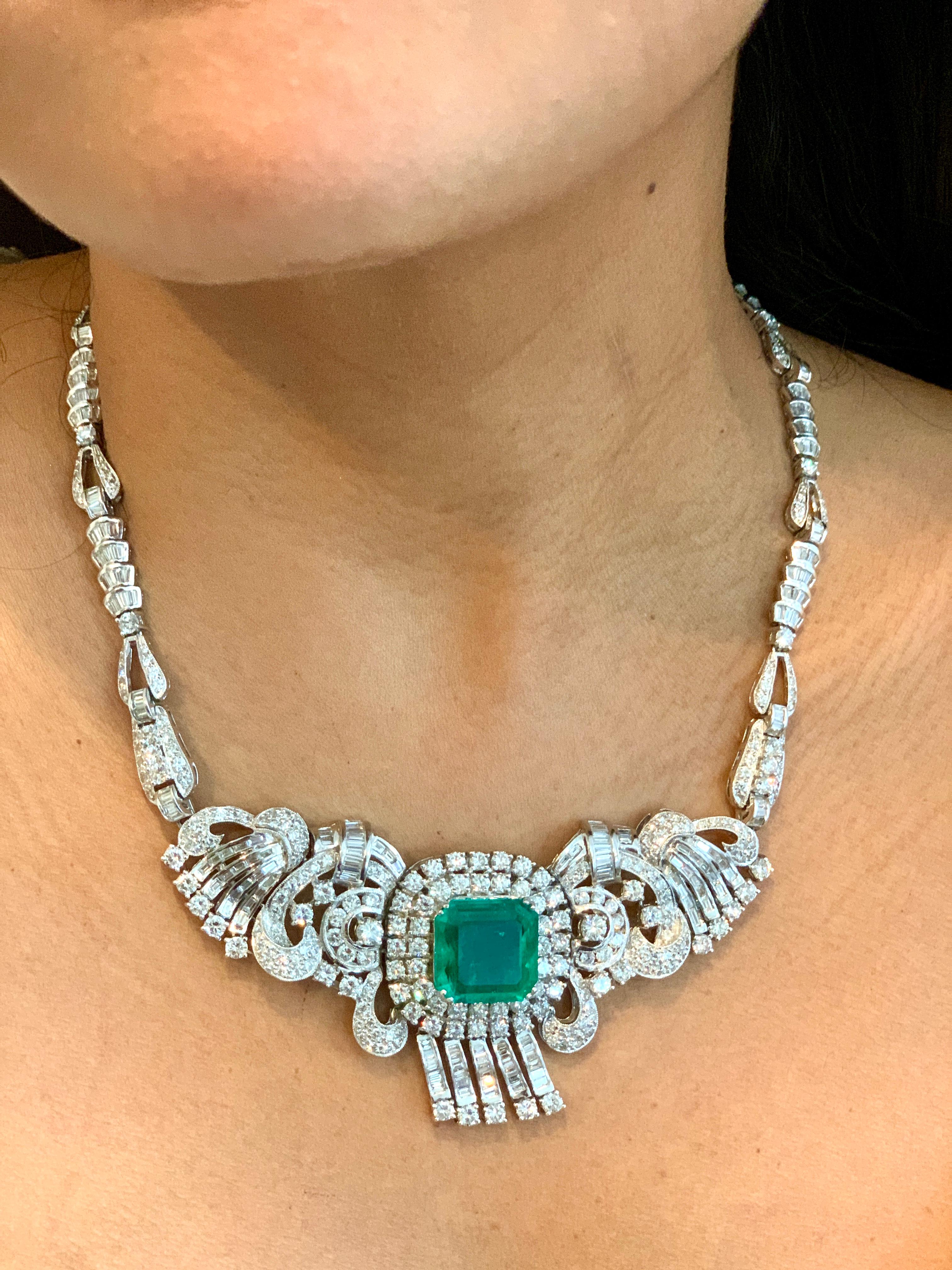 GIA  Certified 16 Ct Emerald Cut Colombian Emerald & Diamond  Necklace Platinum For Sale 1