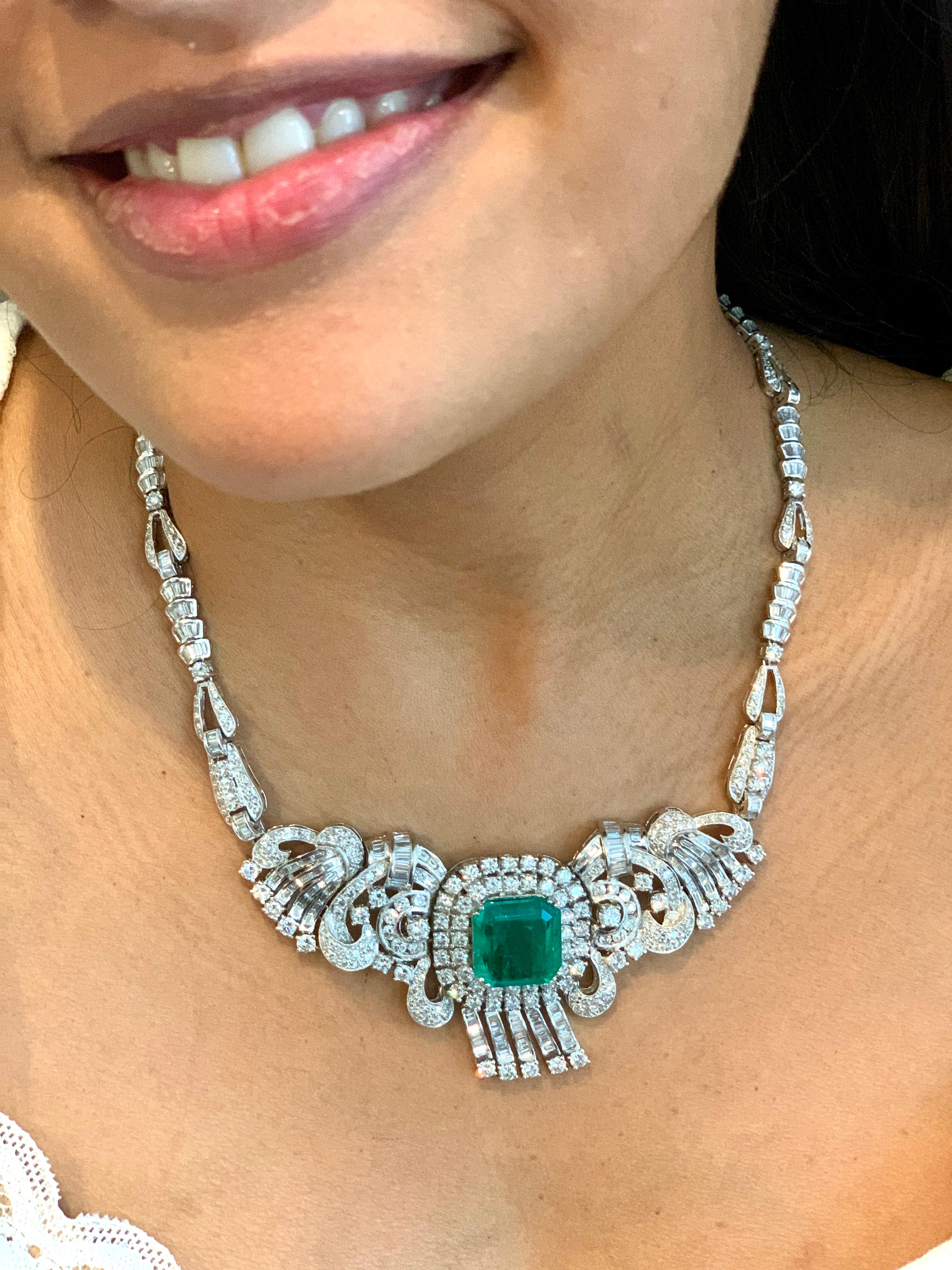GIA  Certified 16 Ct Emerald Cut Colombian Emerald & Diamond  Necklace Platinum For Sale 2