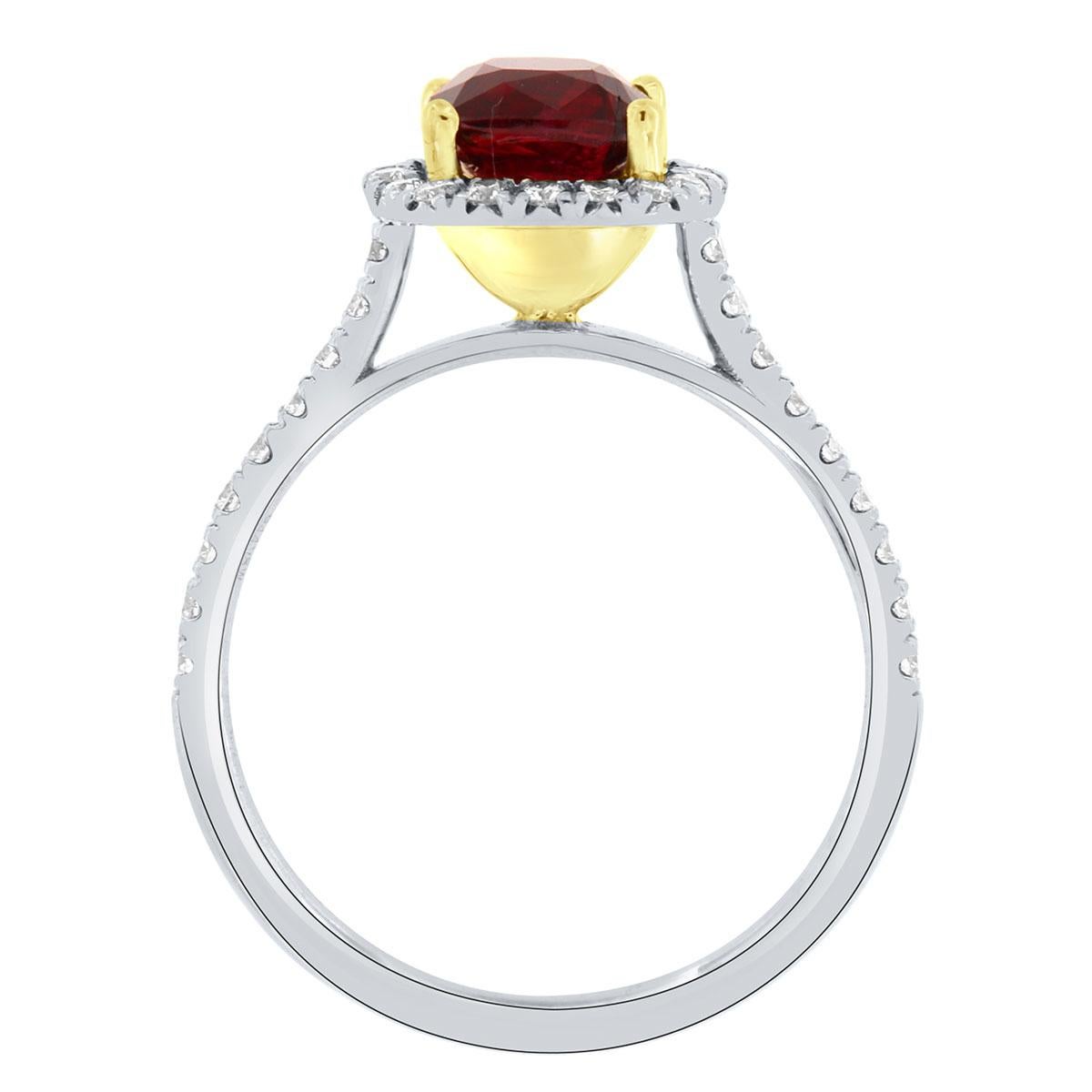 GIA Certified 1.60 Carat Cushion No Heat Natural Ruby Halo Diamond Ring 18K Gold In New Condition For Sale In San Francisco, CA