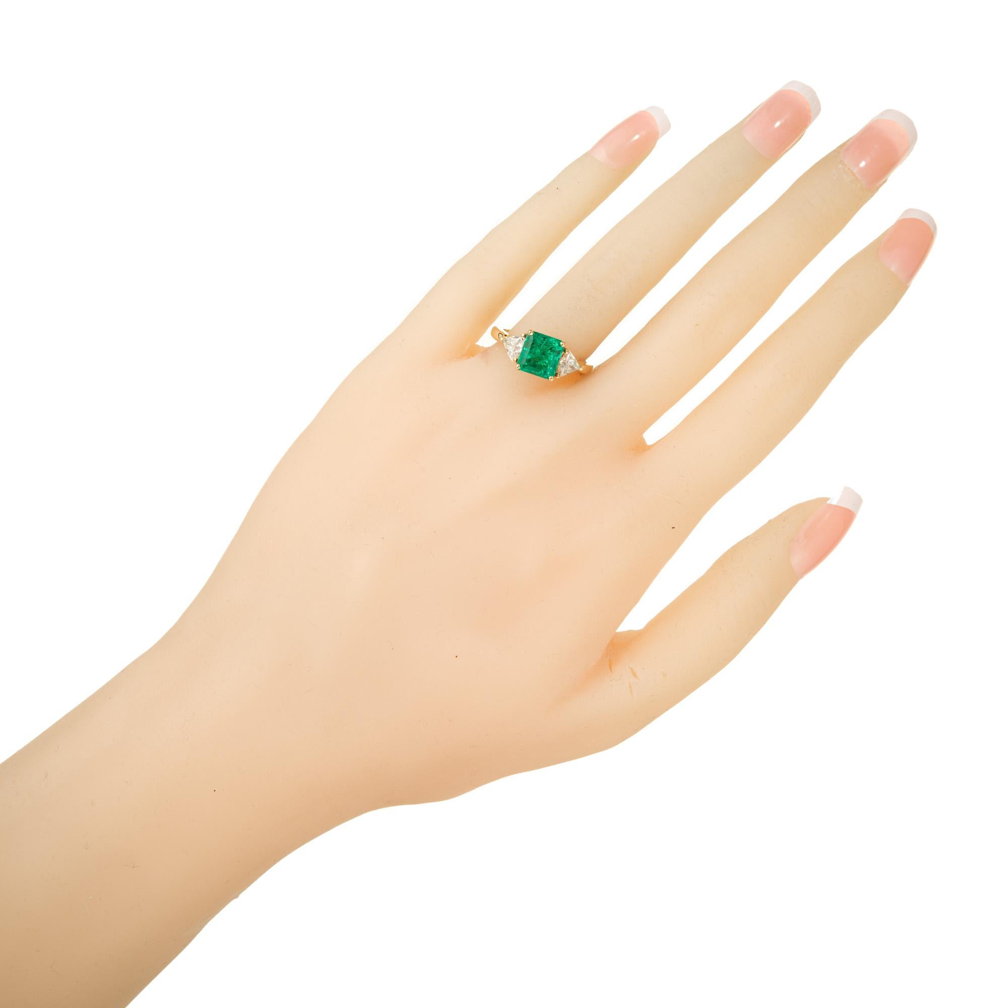 GIA Certified 1.60 Carat Emerald Diamond Gold Three-Stone Engagement Ring 2
