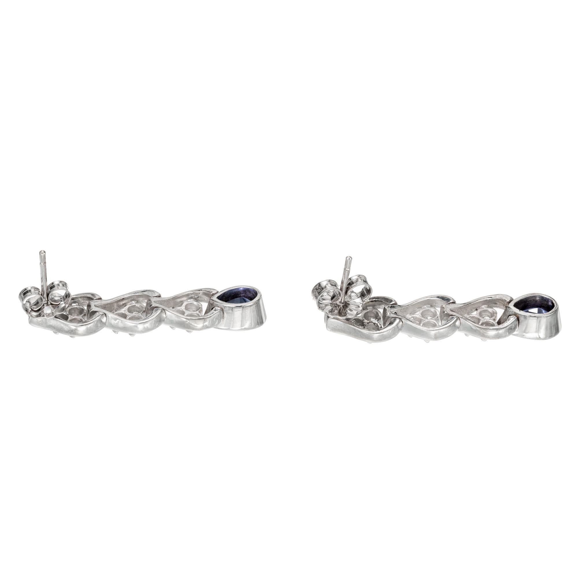 GIA Certified 1.60 Carat Pear Sapphire Diamond Gold Dangle Drop Earrings For Sale 1