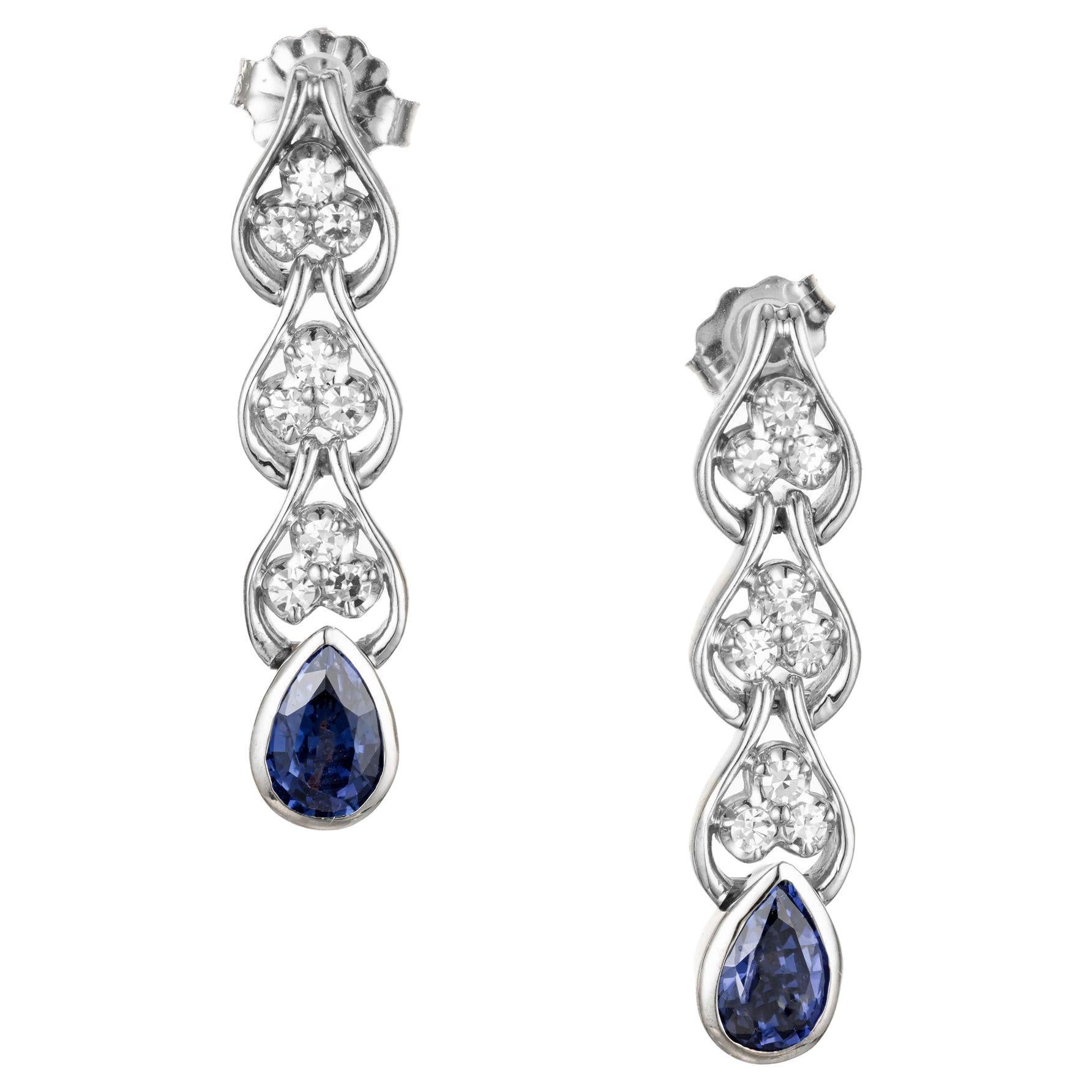 GIA Certified 1.60 Carat Pear Sapphire Diamond Gold Dangle Drop Earrings For Sale