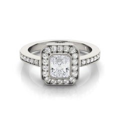 GIA Certified 1.60 Carat Radiant Halo Milgrain 18K White Gold Diamond Ring