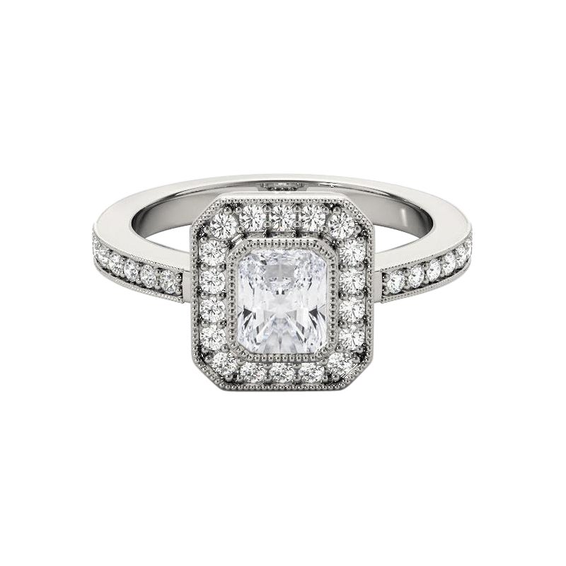 GIA zertifiziert 1,60 Karat Radiant Halo Milgrain 18K Weißgold Diamantring