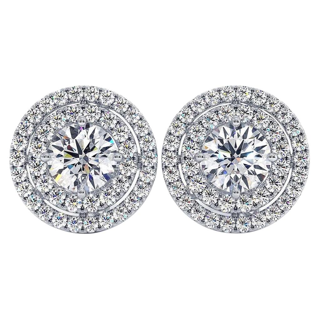 GIA Certified 1.63 Carat Round Diamond Solitaire Jacket Halo Stud Earrings 14k For Sale