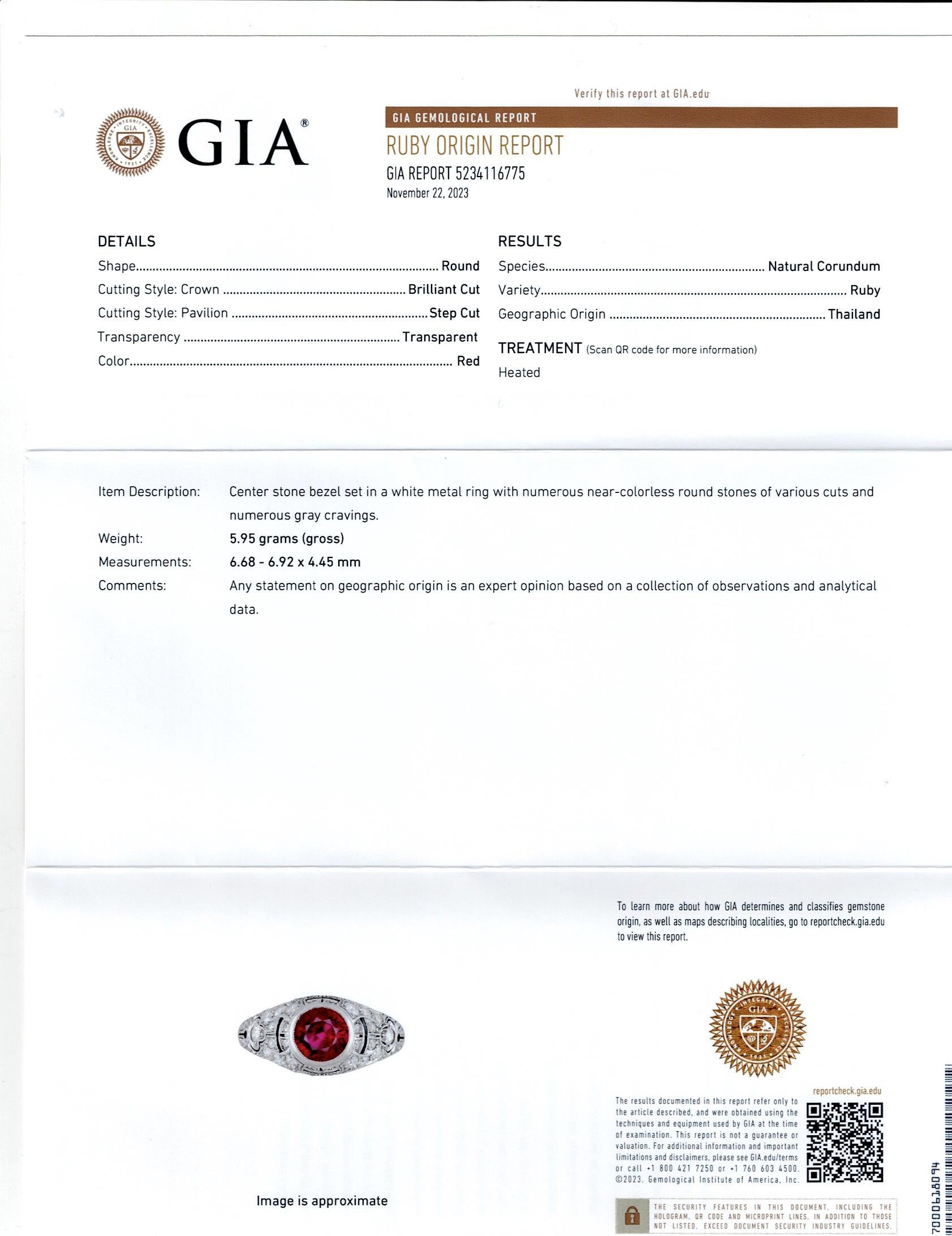  GIA Certified 1.60 Carats Round Cut Ruby with Diamond Antique Engagement Ring For Sale 3